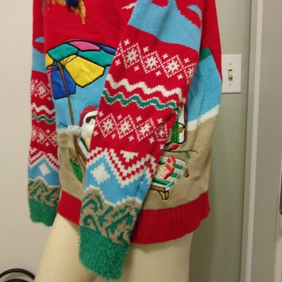 ❤️Santa on VACA Hooked Up Embroidery Leather Sequins UGLY CHRISTMAS SWEATER SZ L - Picture 3 of 12